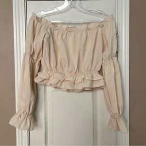 Shein Off the Shoulder Bell Sleeve Crop Top Size 4 Beige & White Stripe